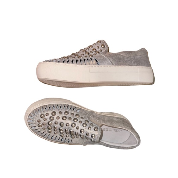 Wrn1X NYC J SLIDES Stud metallic gold leather sneakers women’s shoes size 7.5 - Picture 6 of 17